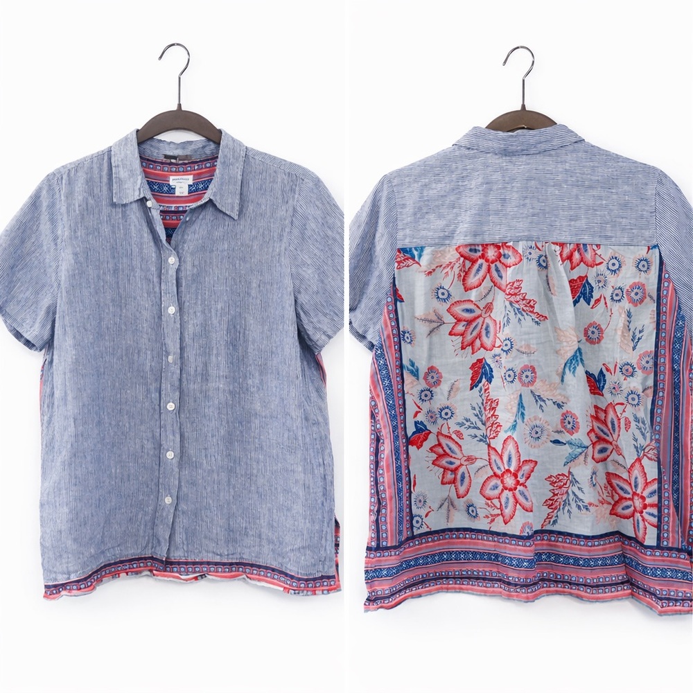 EUC J JILL 100% Cotton & Linen Floral And Blue Striped Short Sleeve Blouse